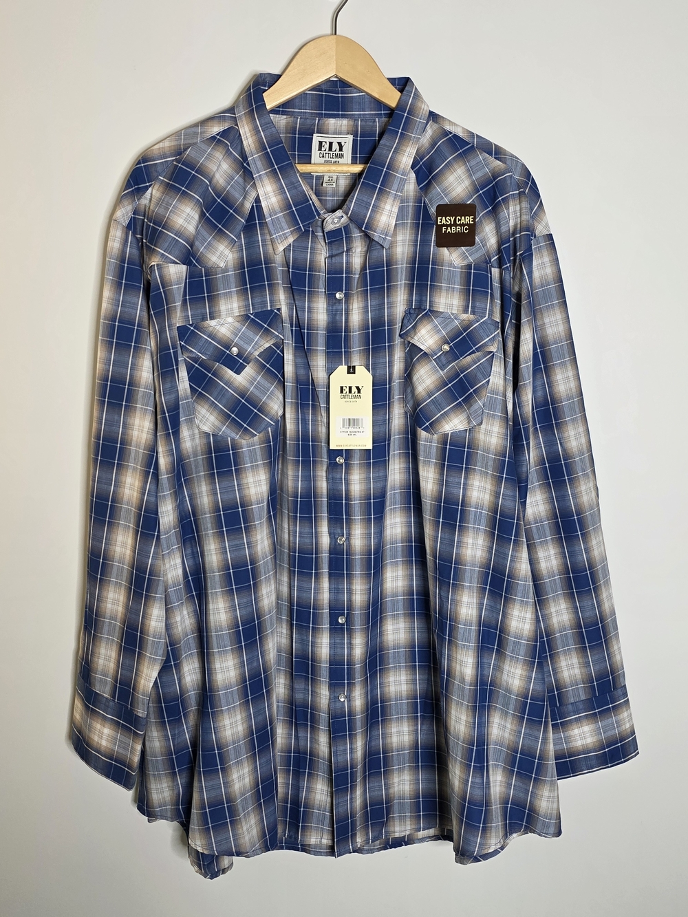 ELY Cattlemen Blue & White plaid Lightweight Western Shirt Long sleeve Size 4x